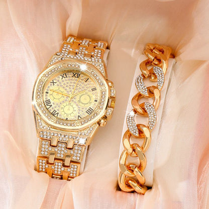 2Pcs Fashion Trend Luxury Luxury Hip Hop Three Eyes Rome Full Of Diamonds British Watch Atmospheric Diamond Bracelet Gift Set