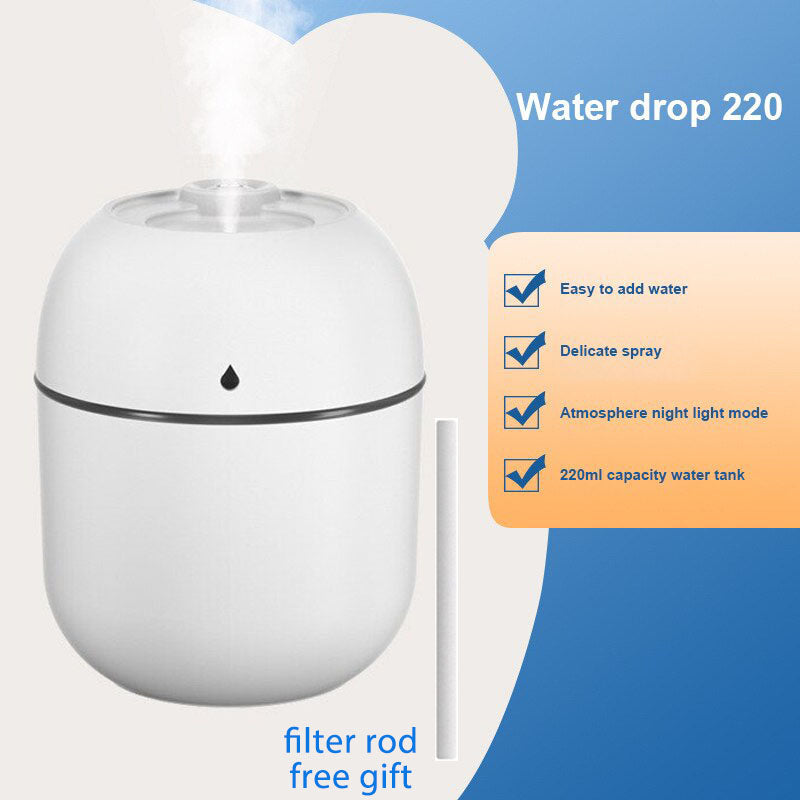 Portable Water Drop Humidifier USB Desktop Indoor Air Atomization Humidifier Household Mute Large Spray Humidifier 220ML Diffuser LED Lamp Diffuser Car Purifier LED Night Light