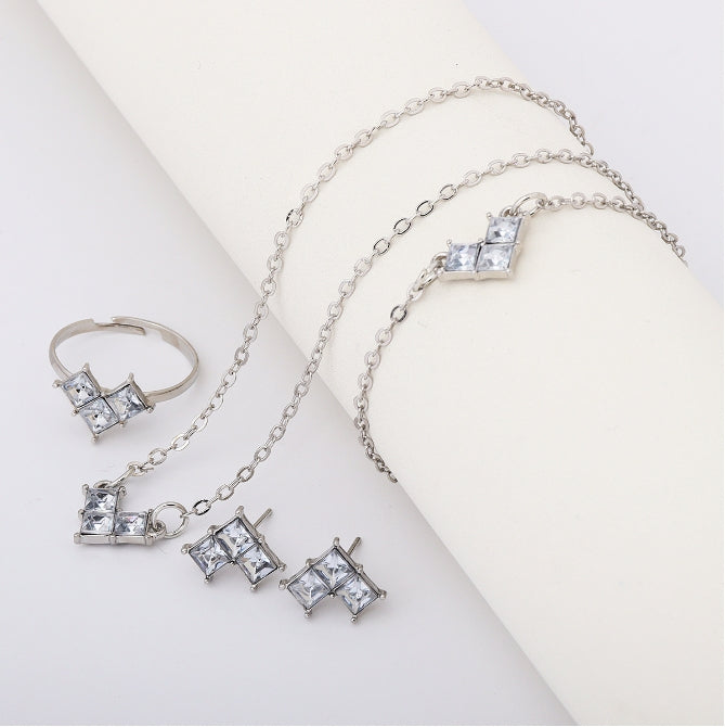 New high-end block diamond necklace earrings bracelet ring set jewelry women's accessories