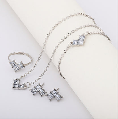 New high-end block diamond necklace earrings bracelet ring set jewelry women's accessories