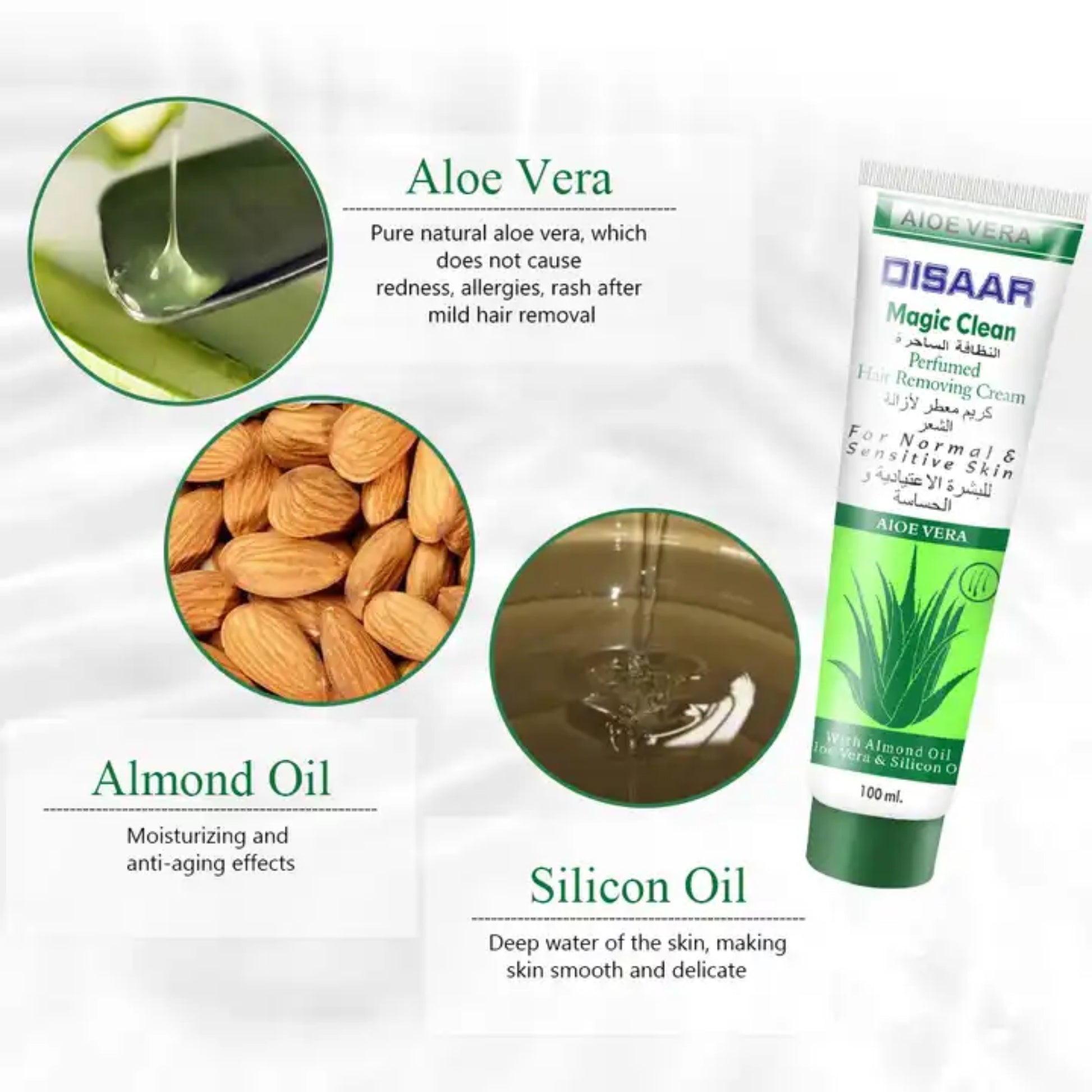 Aloe Vera Magic Clean Perfumed Hair Removal Cream with Almond Oil & Silicon Oil Body Face Arms Legs Depilatory Removing Gel - Disaar