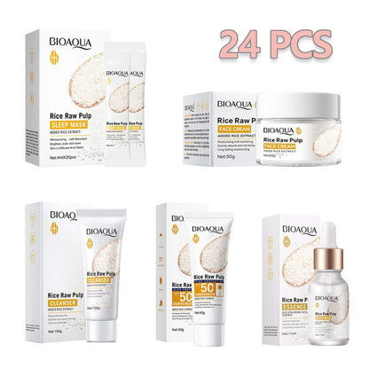SADOER 24PCS Skin Care Set Rice Raw Pulp Brightening Moisturizing Deep Clean UV Blocking Skin Care Sets Facial Cleanser + SADOER Face Cream + Face Serum + SPF 50 SADOER Sunscreen + 20PCS Sleep Masks