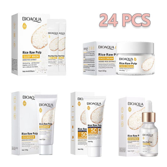 SADOER 24PCS Skin Care Set Rice Raw Pulp Brightening Moisturizing Deep Clean UV Blocking Skin Care Sets Facial Cleanser + SADOER Face Cream + Face Serum + SPF 50 SADOER Sunscreen + 20PCS Sleep Masks