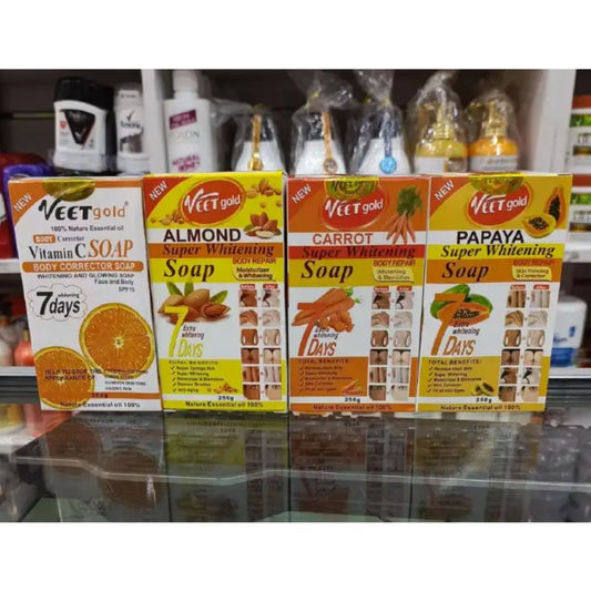 Veet Gold super whitening soaps types Vitamin C , Almond, Carrot,Papaya CLear dark spots, Sunburns,Wrinkles,Acne , Pimples, removes stretch marks and lightening the skin.
