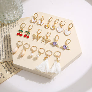 9 pairs of fashion jewelry new alloy inlaid rhinestone earrings set creative butterfly peach cherry pearl earrings Valentine's Day girlfriend gift for women