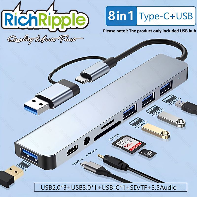 USB C Hub 8 In 1 Type C To Adapter SD/TF Card Reader PD Fast Charge 3.5 Audio Thunderbolt 3 USB Dock For MacBook Pro 8-in-1