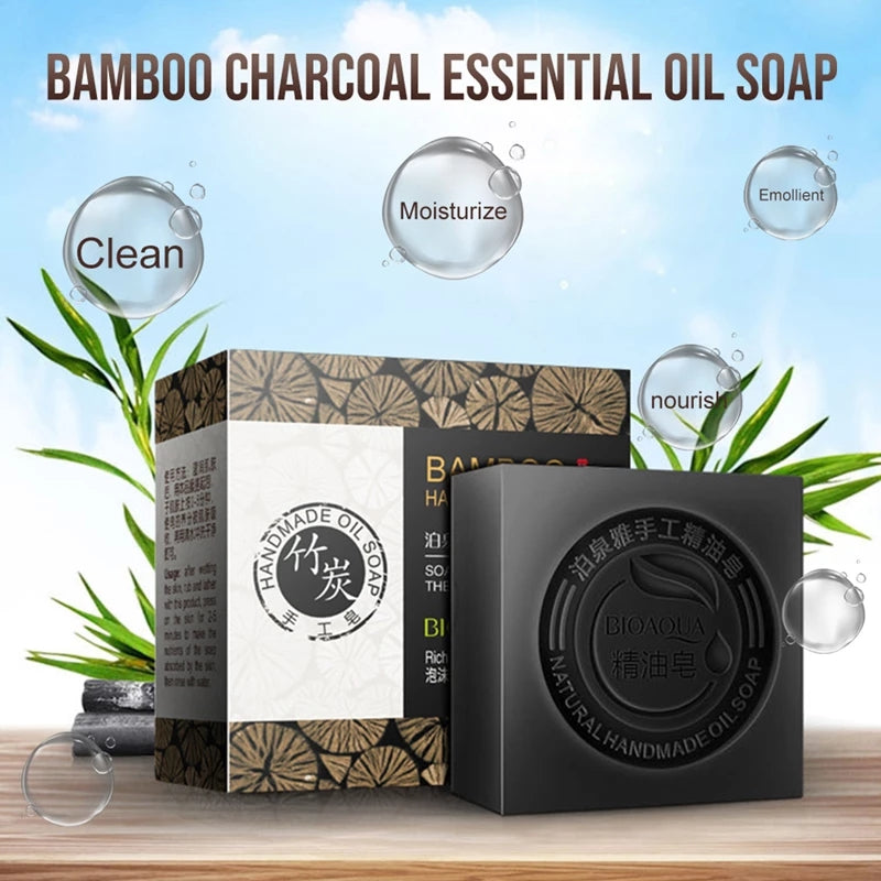 Natural Organic Herbal Essential Black Bamboo Oil Soap Whitening Handmade Soap Skin Remove Acne Deep Cleansing Anti Bacterial