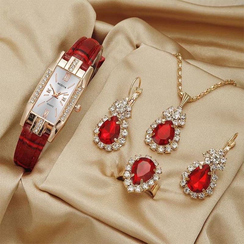 5PCS Women's Watch Earrings Necklace Ring Set Diamond Square Watch Jewelry Set Business Wristwatch Quartz Ladies' Watch