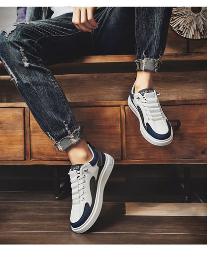 Size 41-44 Men's casual PU artificial leather running shoes sneakers boys sports driving shoes students single shoes athletic skateboarding shoes white+ blue+ grey