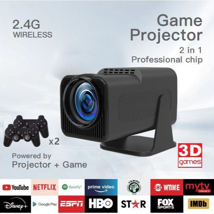 HY320 mini projector, equipped with two game controllers and 20,000 games, supports 4K and 720P, Android system, can be connected to laptops, and allows screen mirroring from smartphones