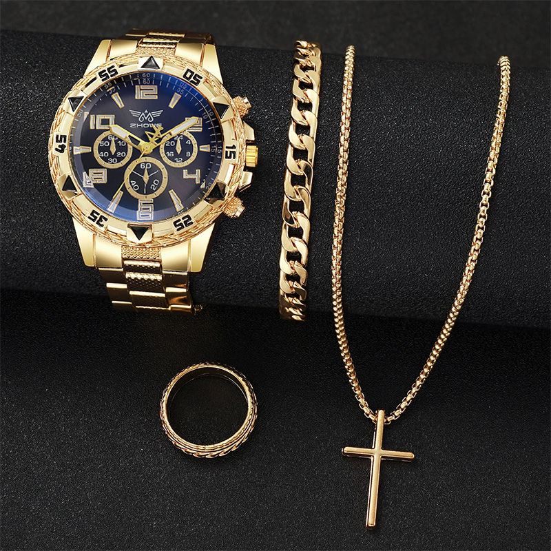 4PCS/Set Fashion Men's Watch Casual Gold Steel Band Analog Male Quartz Watches Jewelry Set
