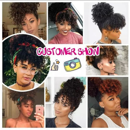 High Puff Afro Kinky Curly Synthetic Ponytail with Bangs Ponytail Hair Extension Drawstring Wigs