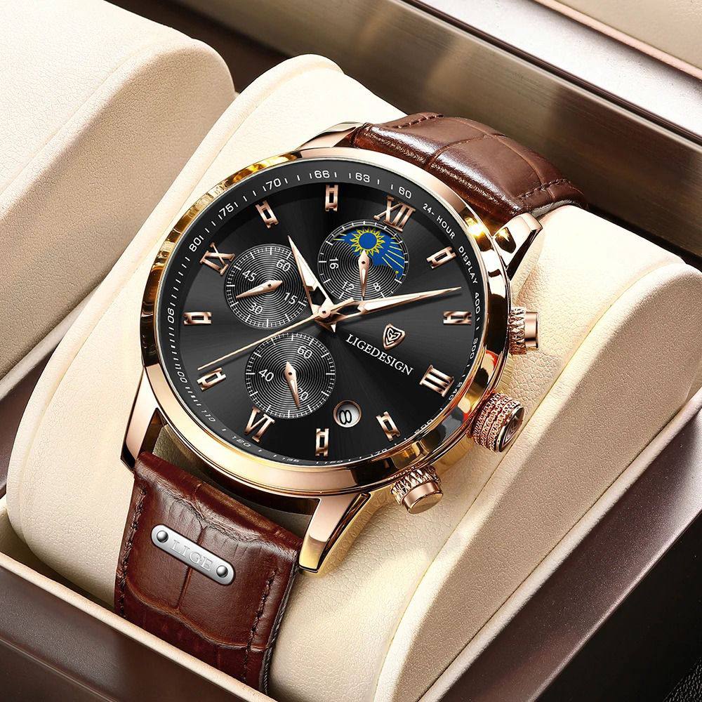 LIGE LG877A CHRONOGRAPH BROWN WHITE BLACK WHITEBROWN BLACK BATTERY POWERED CHRONOGRAPH MOVEMENT STAINLESS STEEL DATE DISPLAY MOON PHASE FUNCTION ORDER AND ENQUIRIES