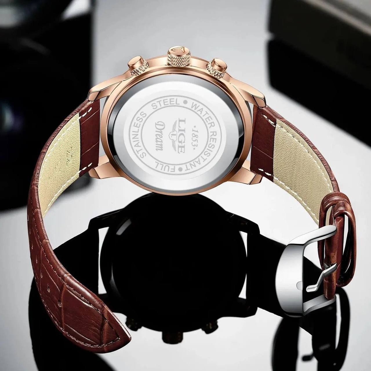 LIGE LG877A CHRONOGRAPH BROWN WHITE BLACK WHITEBROWN BLACK BATTERY POWERED CHRONOGRAPH MOVEMENT STAINLESS STEEL DATE DISPLAY MOON PHASE FUNCTION ORDER AND ENQUIRIES