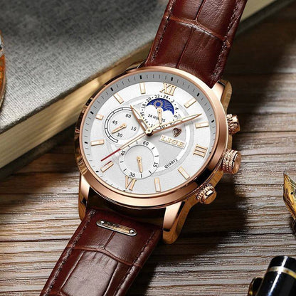 LIGE LG877A CHRONOGRAPH BROWN WHITE BLACK WHITEBROWN BLACK BATTERY POWERED CHRONOGRAPH MOVEMENT STAINLESS STEEL DATE DISPLAY MOON PHASE FUNCTION ORDER AND ENQUIRIES