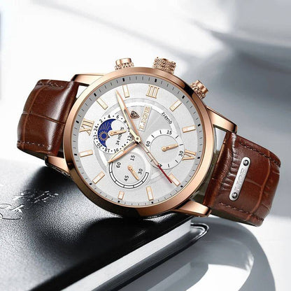 LIGE LG877A CHRONOGRAPH BROWN WHITE BLACK WHITEBROWN BLACK BATTERY POWERED CHRONOGRAPH MOVEMENT STAINLESS STEEL DATE DISPLAY MOON PHASE FUNCTION ORDER AND ENQUIRIES