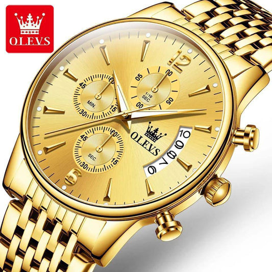 OLEVS CHRONOGRAPH MEN WATCH CHRONOGRAPH MOVEMENT DATE DISPLAY STRONG LUMINOUS FUNCTION BATTERY POWERED STAINLESS STEEL WATER RESISTANT OLEVS BRANDED BOX