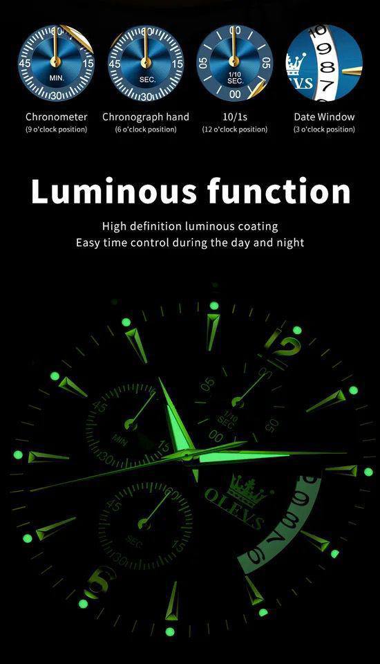 OLEVS CHRONOGRAPH MEN WATCH CHRONOGRAPH MOVEMENT DATE DISPLAY STRONG LUMINOUS FUNCTION BATTERY POWERED STAINLESS STEEL WATER RESISTANT OLEVS BRANDED BOX