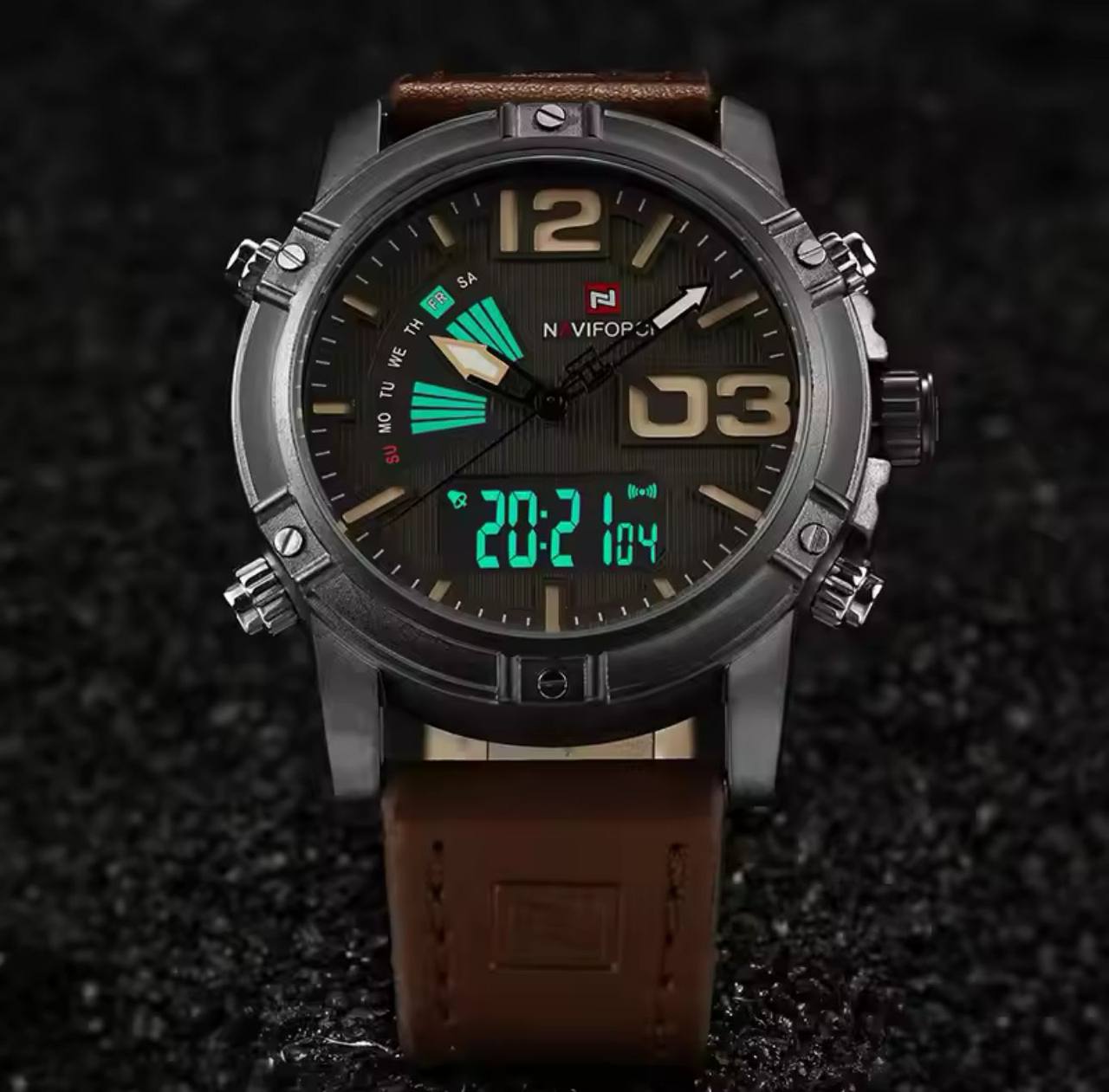 NAVIFORCE GENTS WATCH #NF 9095 ANALOGUE AND DIGITAL DISPLAY LIGHT BUTTON WATER RESISTANT BATTERY POWERED LEATHER STRAP ENQUIRIES
