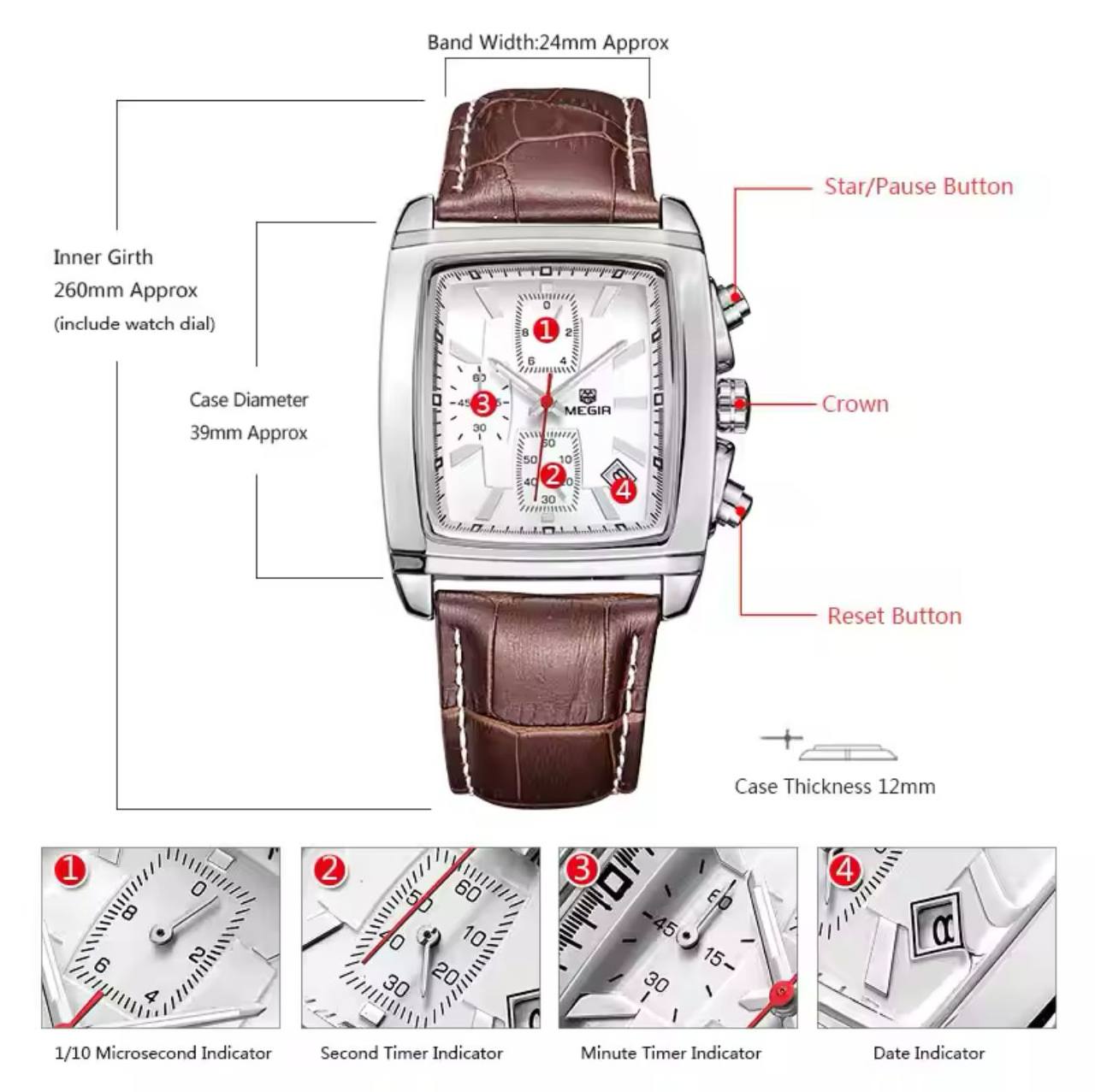 MEGIR LEATHER DATE DISPLAY BATTERY POWERED CHRONOGRAPH MOVEMENT LUMINOUS ARMS LEATHER STRAP AND ENQUIRIES 0712975996