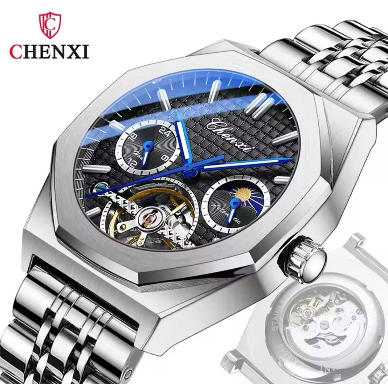 CHENXI AUTOMATIC MOONPHASE TOURBILLION MACHINE FULL CHRONOGRAPH HEAVY STAINLESS STEEL WATER RESISTANT AND ENQUIRIES