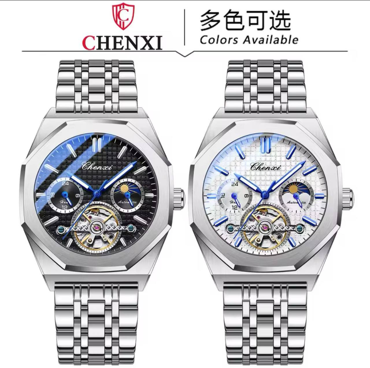 CHENXI AUTOMATIC MOONPHASE TOURBILLION MACHINE FULL CHRONOGRAPH HEAVY STAINLESS STEEL WATER RESISTANT AND ENQUIRIES