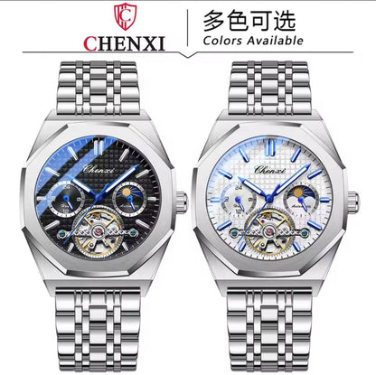 CHENXI AUTOMATIC MOONPHASE TOURBILLION MACHINE FULL CHRONOGRAPH HEAVY STAINLESS STEEL WATER RESISTANT AND ENQUIRIES