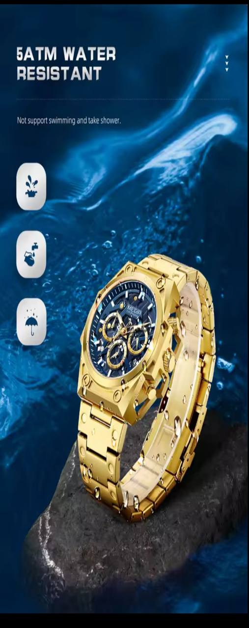 MEGIR CHRONOGRAPH FULL CHRONOGRAPH DATE DISPLAY 5ATM WATER RESISTANT LUMINOUS DIAL AND ENQUIRIES