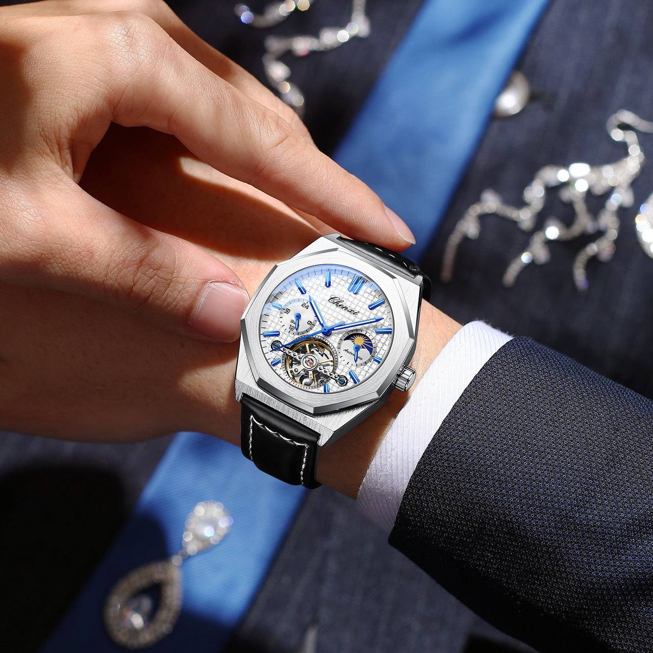 CHENXI AUTOMATIC MOONPHASE TOURBILLION MACHINE FULL CHRONOGRAPH LEATHER STRAP WATER RESISTANT AND ENQUIRIES