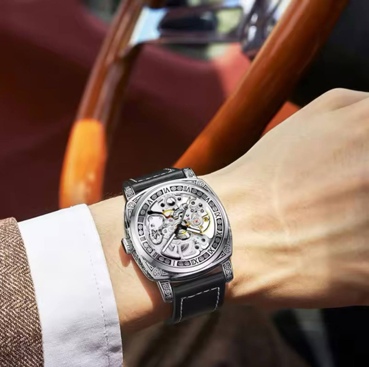 FORSINING AUTOMATIC SKELETON AUTOMATIC GENUINE LEATHER STRAP WATER RESISTANT LUMINOUS HANDS AND ENQUIRIES