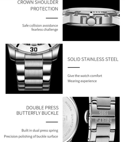 NIBOSI WATCHES DATE DISPLAY WATER RESISTANT BATTERY POWERED STAINLESS STEEL ENQUIRIES