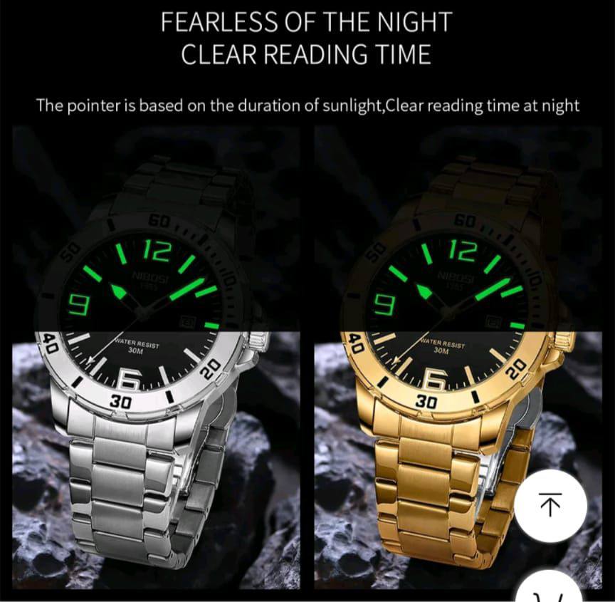 NIBOSI WATCHES DATE DISPLAY WATER RESISTANT BATTERY POWERED STAINLESS STEEL ENQUIRIES