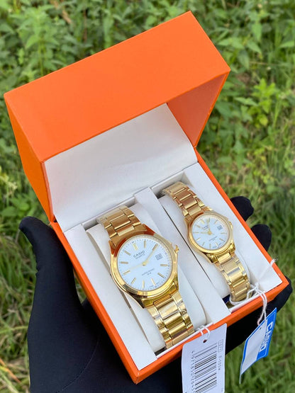 CASIO COUPLE A PAIR SINGLE WATER RESISTANT DATE DISPLAY STAINLESS STEEL FINISH BATTERY POWERED COUPLE BOXES CASIO BRANDED BOX ORDER AND ENQUIRIES