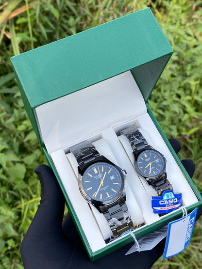 CASIO COUPLE A PAIR SINGLE WATER RESISTANT DATE DISPLAY STAINLESS STEEL FINISH BATTERY POWERED COUPLE BOXES CASIO BRANDED BOX ORDER AND ENQUIRIES
