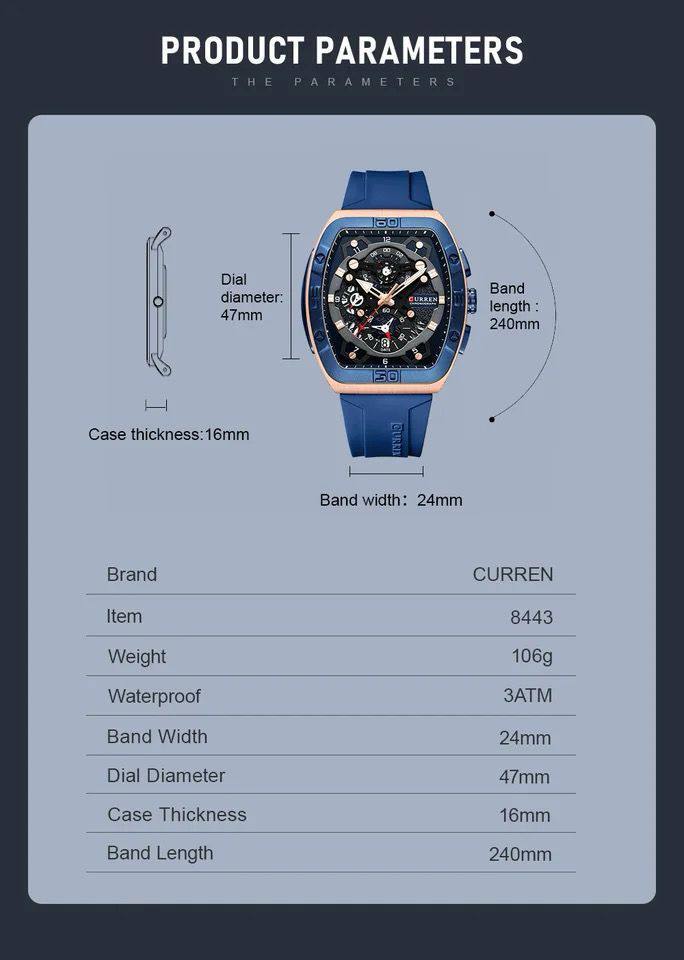 CURREN CHRONOGRAPH GENTS WATCH #8443 RUBBER STRAP CHRONOGRAPH MOVEMENT DATE DISPLAY BATTERY POWERED CURREN BRANDED BOX ENQUIRIES