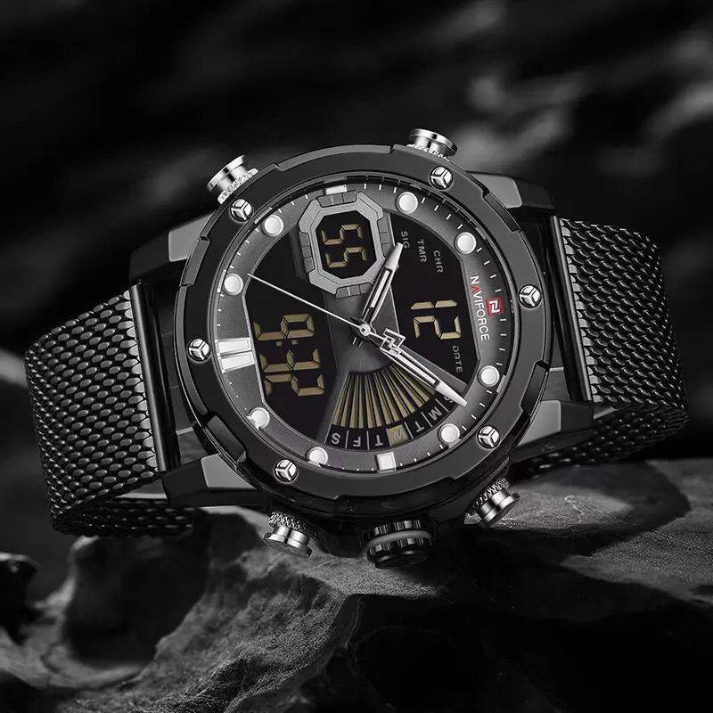 NAVIFORCE GENTS WATCH #NF 9172 ANALOGUE & DIGITAL DISPLAY LIGHT BUTTON WATER RESISTANT BATTERY POWERED MESH STRAP ENQUIRIES