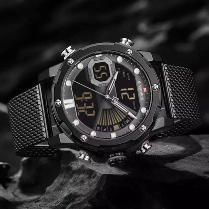 NAVIFORCE GENTS WATCH #NF 9172 ANALOGUE & DIGITAL DISPLAY LIGHT BUTTON WATER RESISTANT BATTERY POWERED MESH STRAP ENQUIRIES