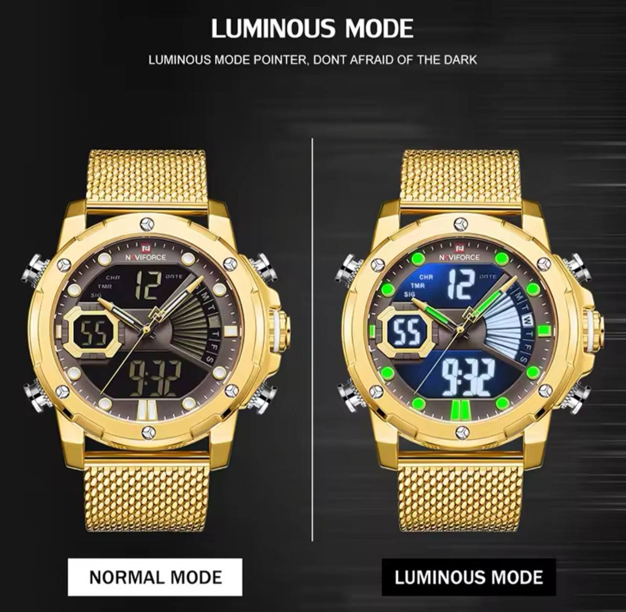 NAVIFORCE GENTS WATCH #NF 9172 ANALOGUE & DIGITAL DISPLAY LIGHT BUTTON WATER RESISTANT BATTERY POWERED MESH STRAP ENQUIRIES