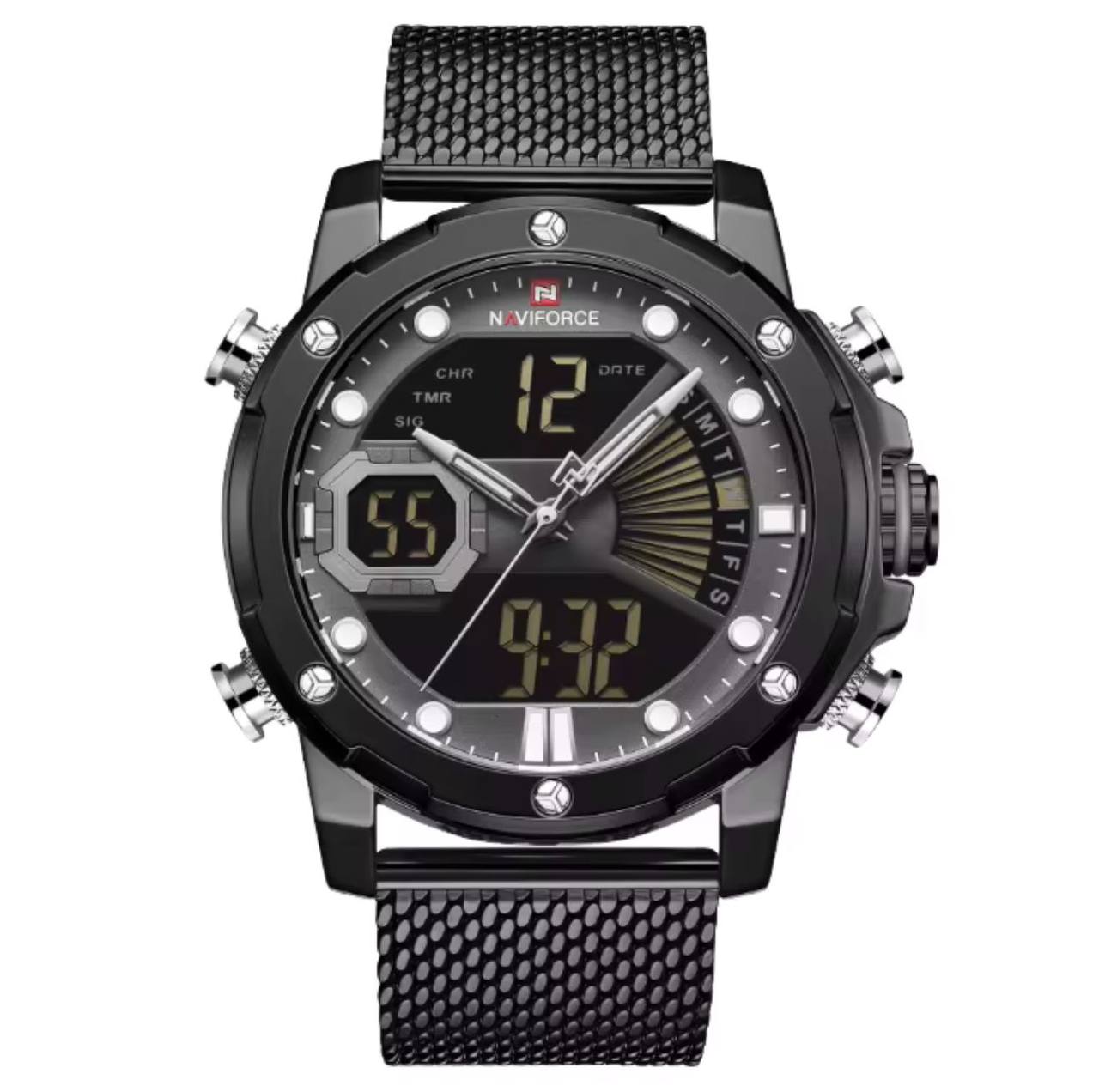 NAVIFORCE GENTS WATCH #NF 9172 ANALOGUE & DIGITAL DISPLAY LIGHT BUTTON WATER RESISTANT BATTERY POWERED MESH STRAP ENQUIRIES