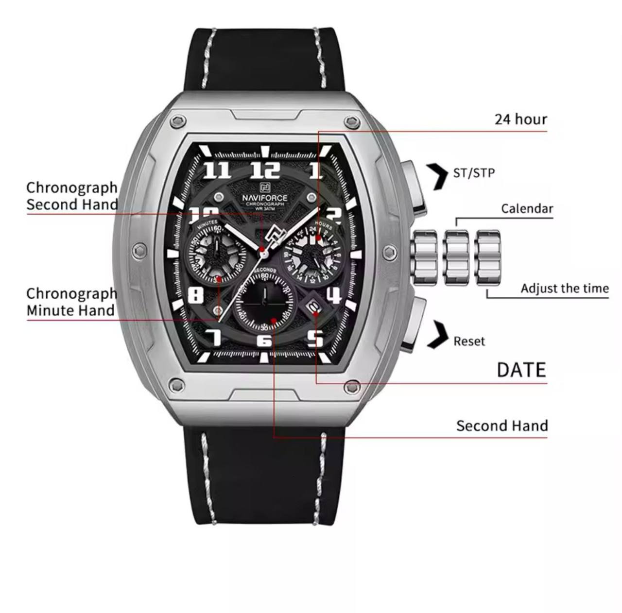 NAVIFORCE GENTS WATCH #NF 8053 CHRONOGRAPH DATE DISPLAY WATER RESISTANT BATTERY POWERED LEATHER STRAP ENQUIRIES