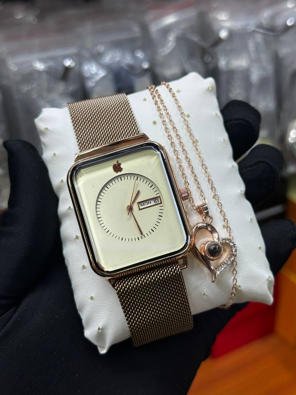 APPLE WATCH X I LOVE YOU 100 LANGUAGES NECKLACE DAY AND DATE DISPLAY APPLE WATCH WATER RESISTANT STAINLESS STEEL POLISH AND ENQUIRIES