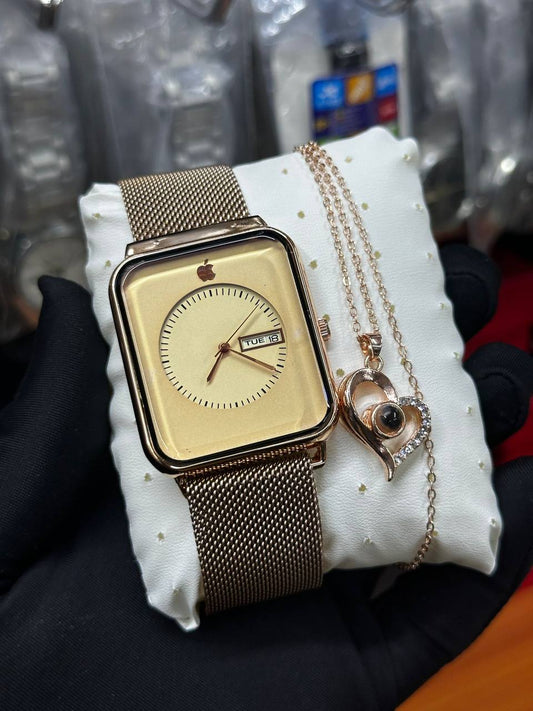 APPLE WATCH X I LOVE YOU 100 LANGUAGES NECKLACE DAY AND DATE DISPLAY APPLE WATCH WATER RESISTANT STAINLESS STEEL POLISH AND ENQUIRIES