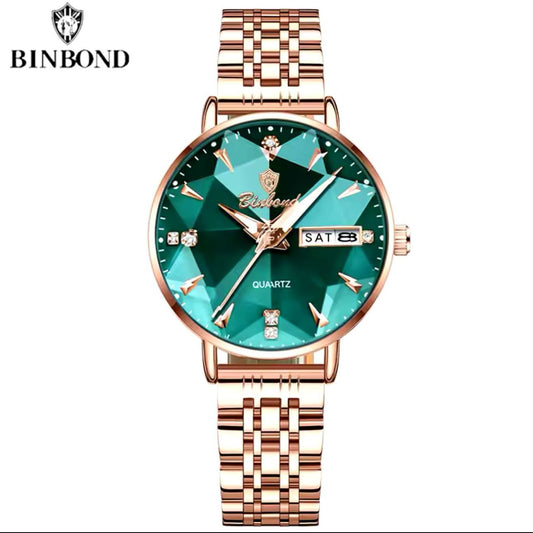 BINBOND LADIES WATER RESISTANT BATTERY POWERED NON FADE STEEL POLISH DAY AND DATE DISPLAY AND ENQUIRIES