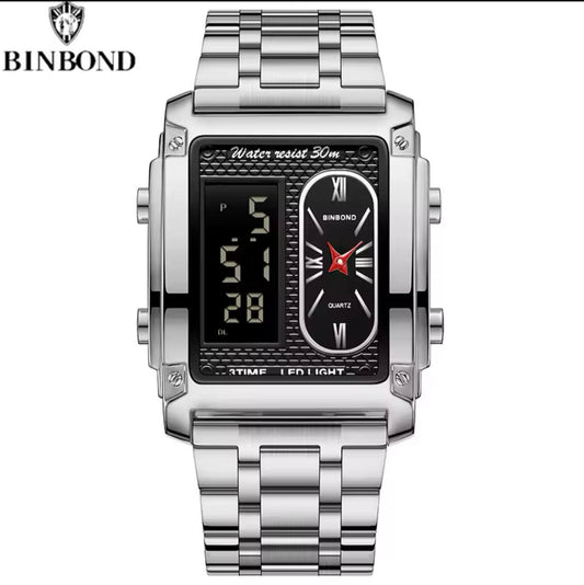 BINBOND DOUBLE TIME GENTS KSH 1800 DIGITAL AND ANALOG TIME WATER RESISTANT STAINLESS STEEL STRONG LUMINOUS LED LIGHT SILVER GOLD BLACK ENQUIRIES