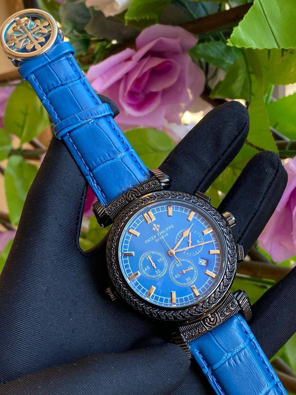 DOUBLE SIDED PATEK PHILLIPE GENTS WATCH DATE DISPLAY POLISHED LEATHER STRAP CHRONOGRAPH WATER RESISTANT BATTERY POWERED ENQUIRIES AND