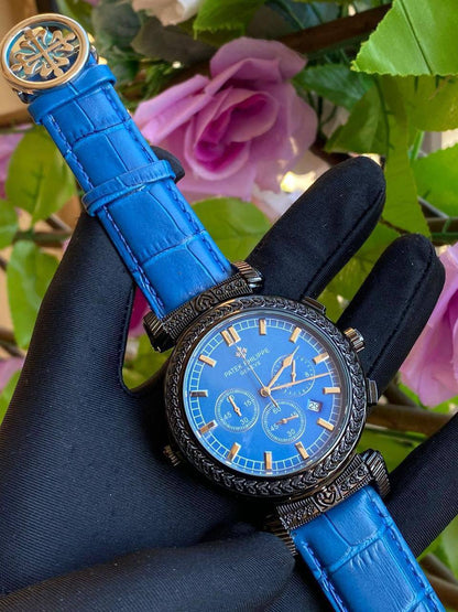 DOUBLE SIDED PATEK PHILLIPE GENTS WATCH DATE DISPLAY POLISHED LEATHER STRAP CHRONOGRAPH WATER RESISTANT BATTERY POWERED ENQUIRIES AND