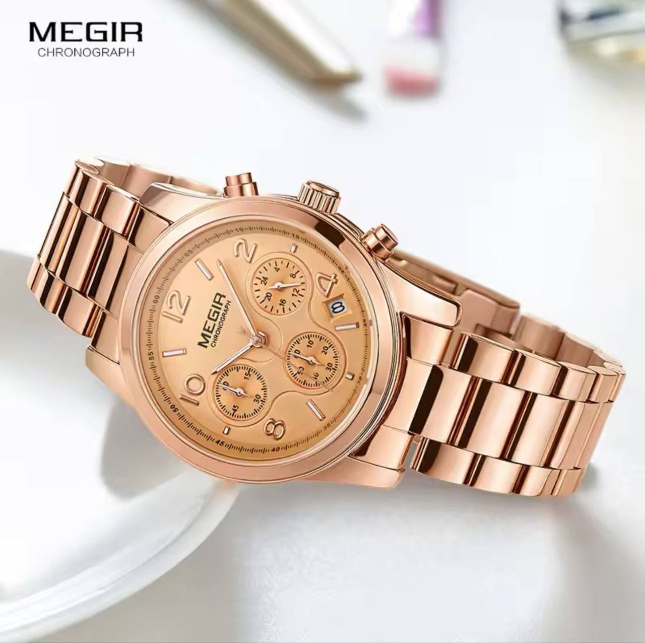 MEGIR CHRONOGRAPH WATCH FULL CHRONOGRAPH DATE DISPLAY NON FADE STAINLESS STEEL FINISH WATER RESISTANT AND ENQUIRIES