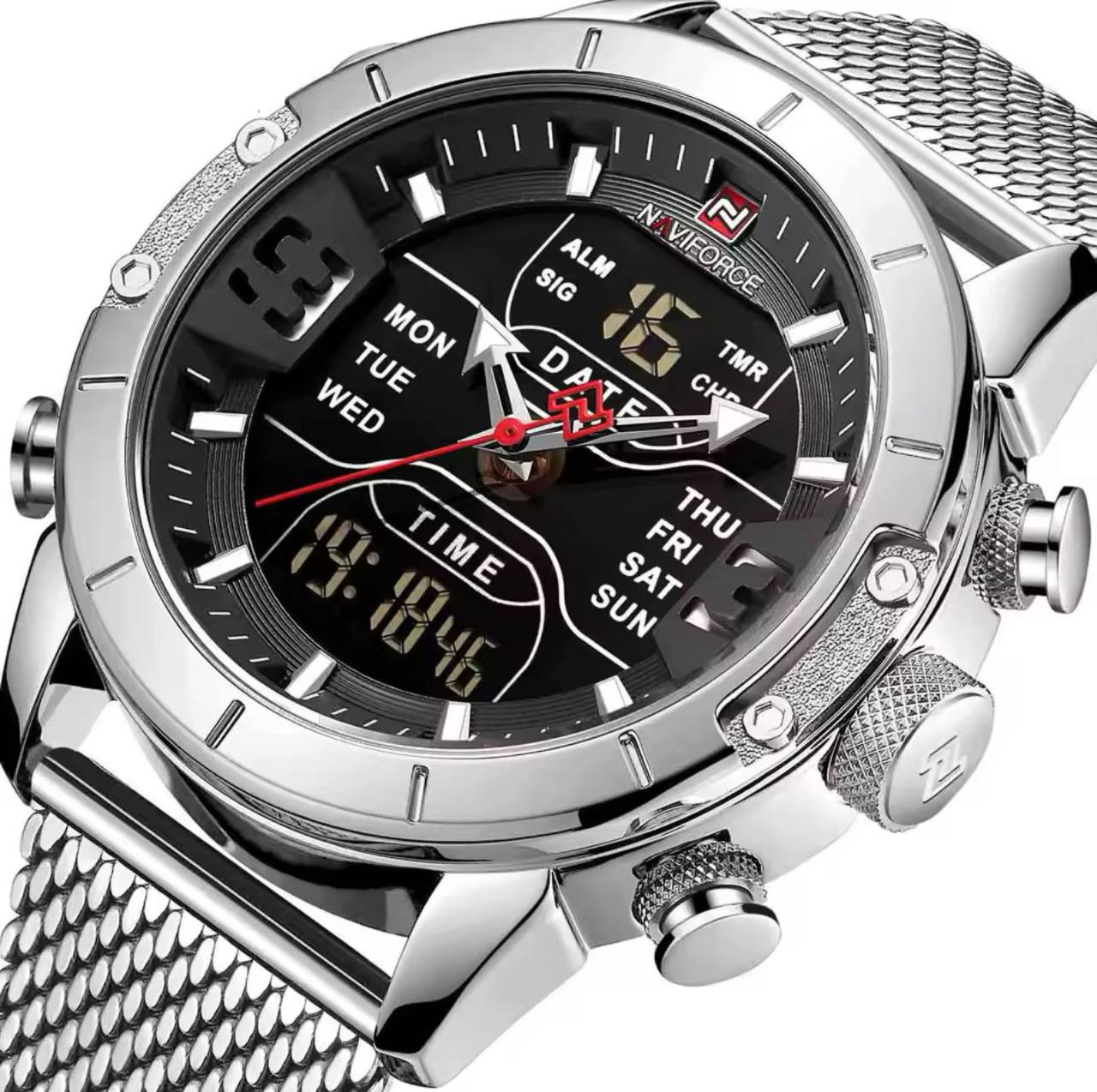 NAVIFORCE GENTS WATCH #NF 9153 ANALOGUE & DIGITAL DISPLAY LIGHT BUTTON WATER RESISTANT BATTERY POWERED AND ENQUIRIES