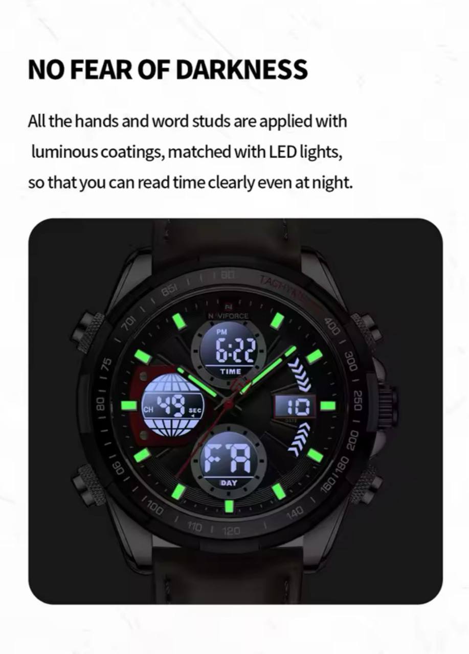 NAVIFORCE GENTS WATCH #NF 9153 ANALOGUE & DIGITAL DISPLAY LIGHT BUTTON WATER RESISTANT BATTERY POWERED AND ENQUIRIES