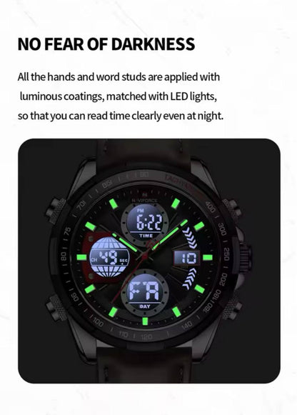 NAVIFORCE GENTS WATCH #NF 9153 ANALOGUE & DIGITAL DISPLAY LIGHT BUTTON WATER RESISTANT BATTERY POWERED AND ENQUIRIES